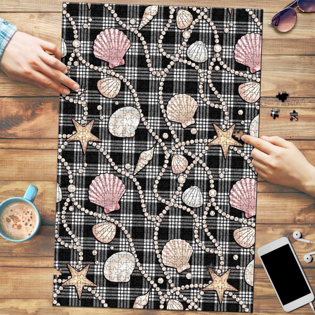 Hawaiian Ocean Seashells Puzzle Black Palaka Pattern