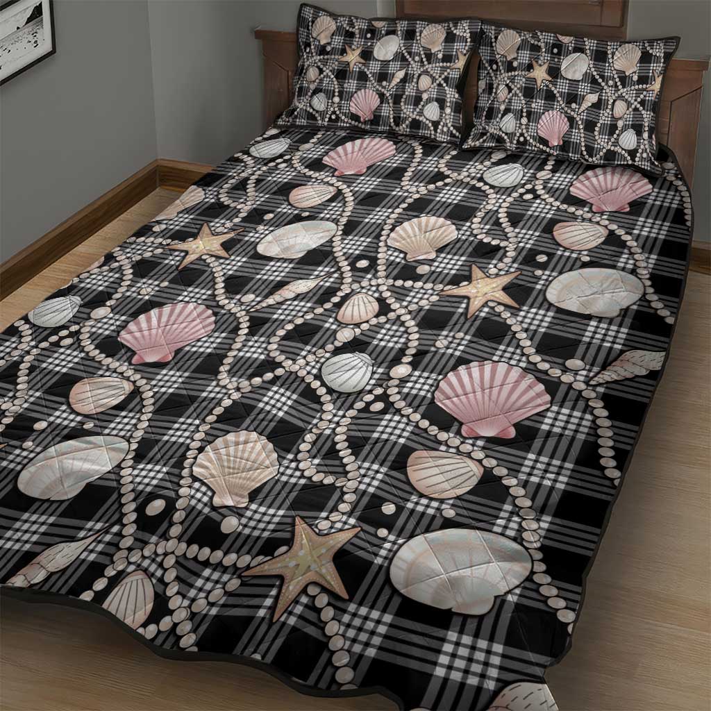 Hawaiian Ocean Seashells Quilt Bed Set Black Palaka Pattern