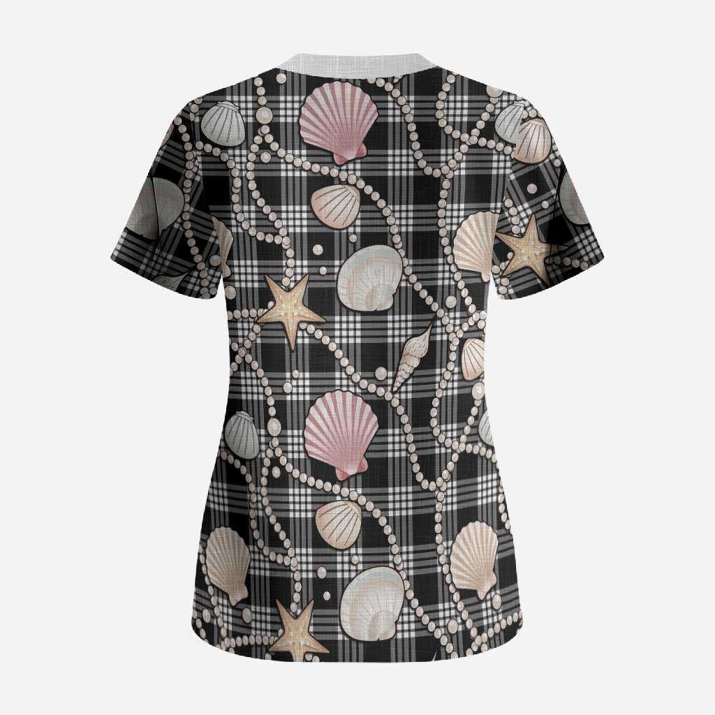 Hawaiian Ocean Seashells Scrub Top Black Palaka Pattern