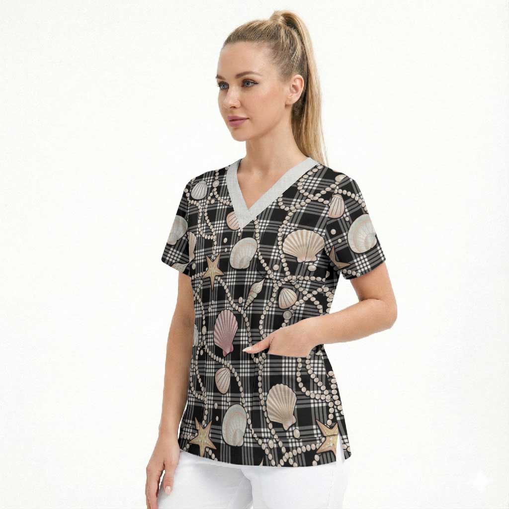 Hawaiian Ocean Seashells Scrub Top Black Palaka Pattern