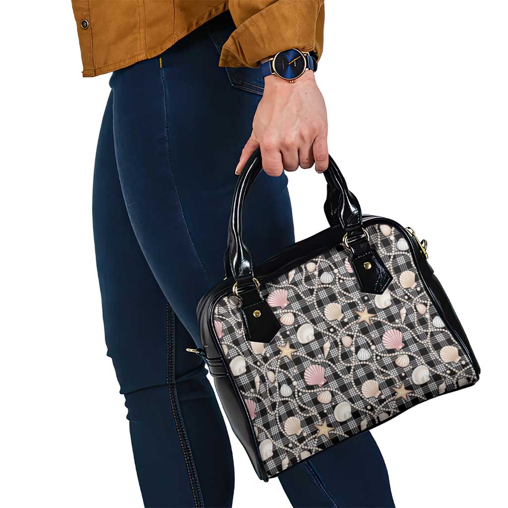 Hawaiian Ocean Seashells Shoulder Handbag Black Palaka Pattern