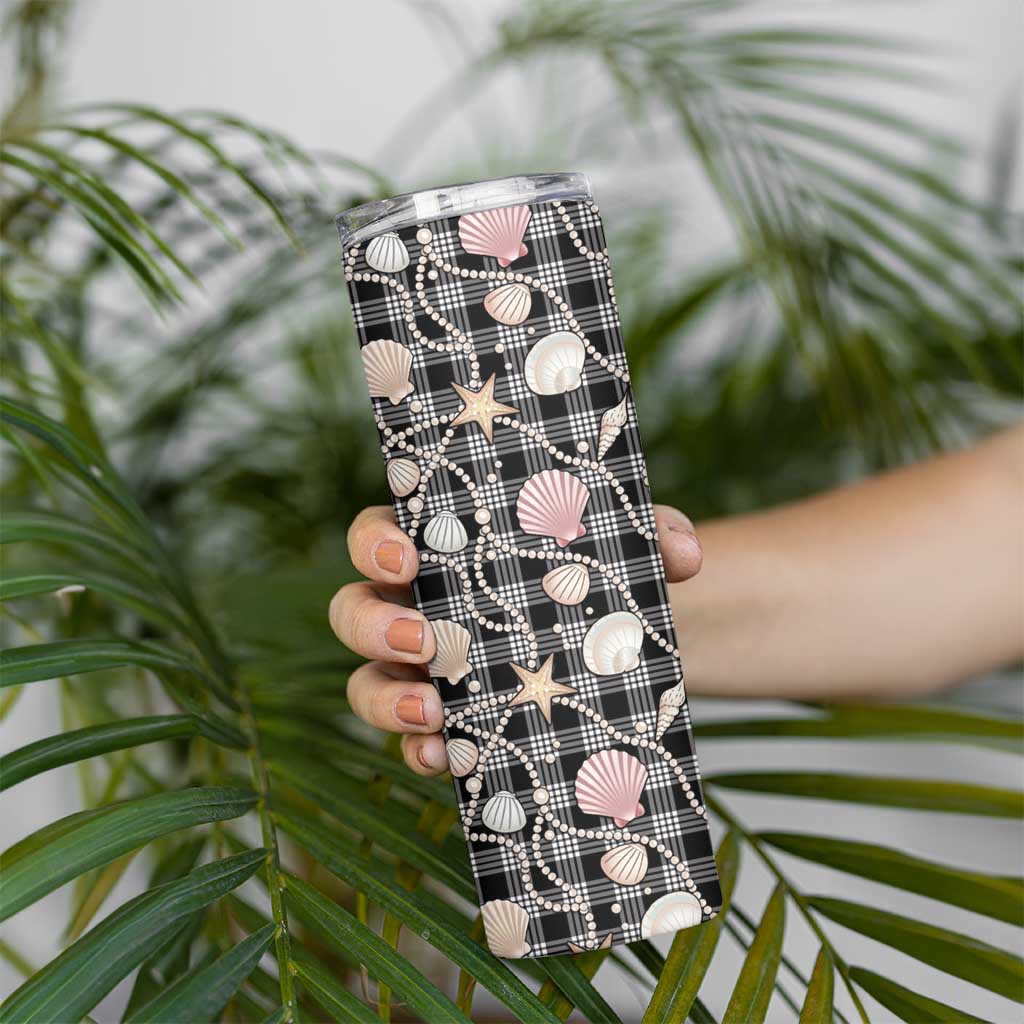 Hawaiian Ocean Seashells Skinny Tumbler Black Palaka Pattern