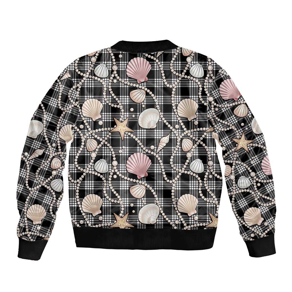Hawaiian Ocean Seashells Sleeve Zip Bomber Jacket Black Palaka Pattern