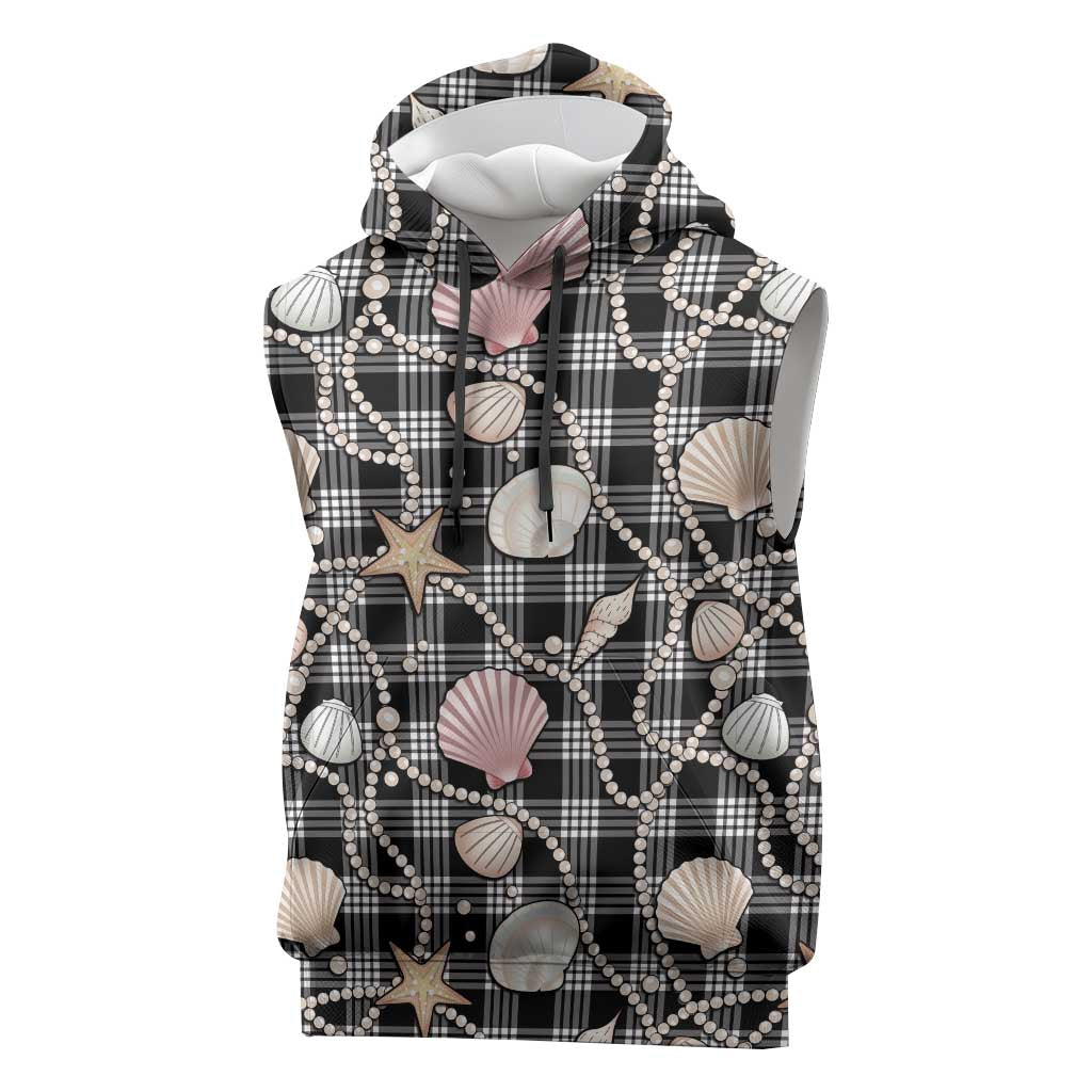 Hawaiian Ocean Seashells Sleeveless Hoodie Black Palaka Pattern