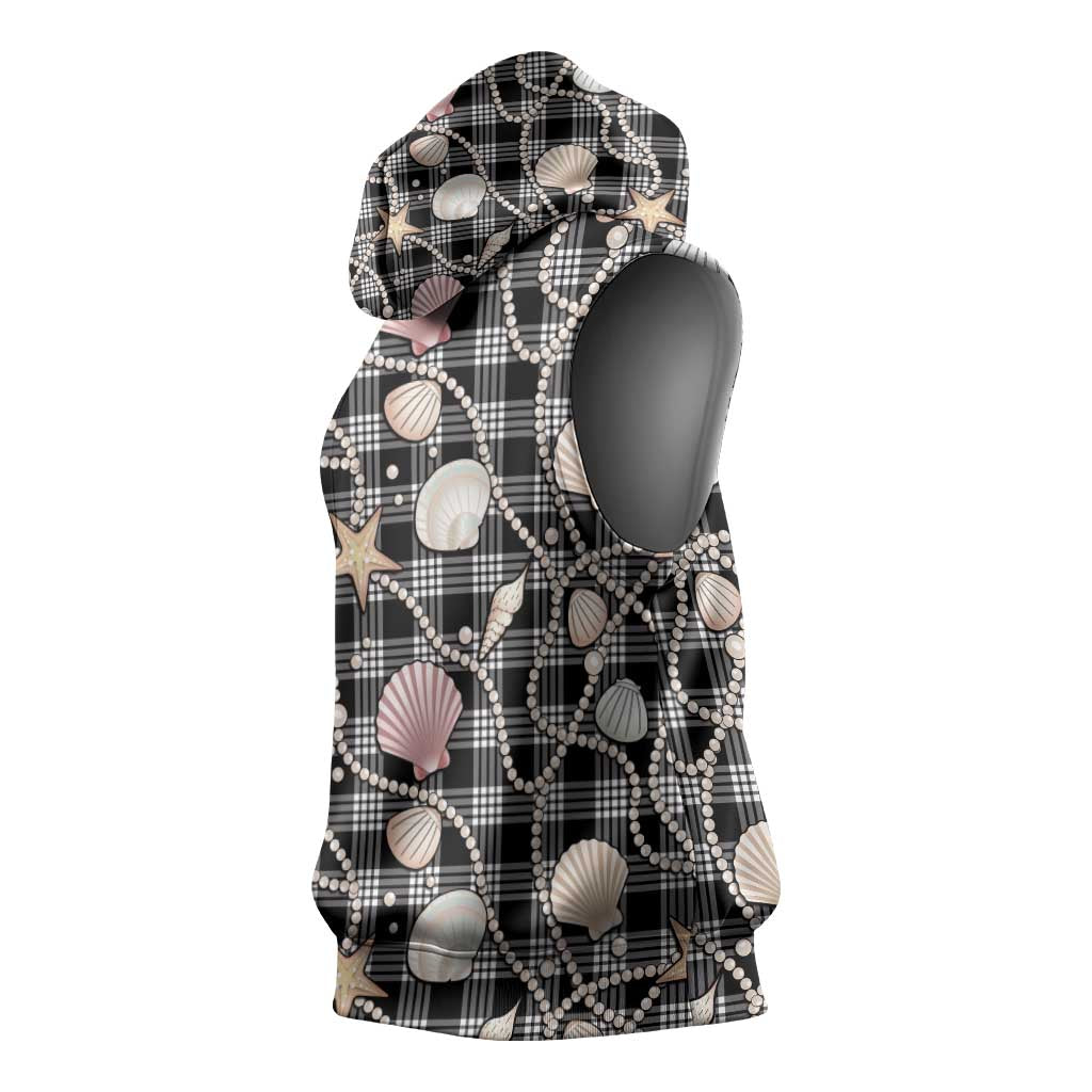 Hawaiian Ocean Seashells Sleeveless Hoodie Black Palaka Pattern