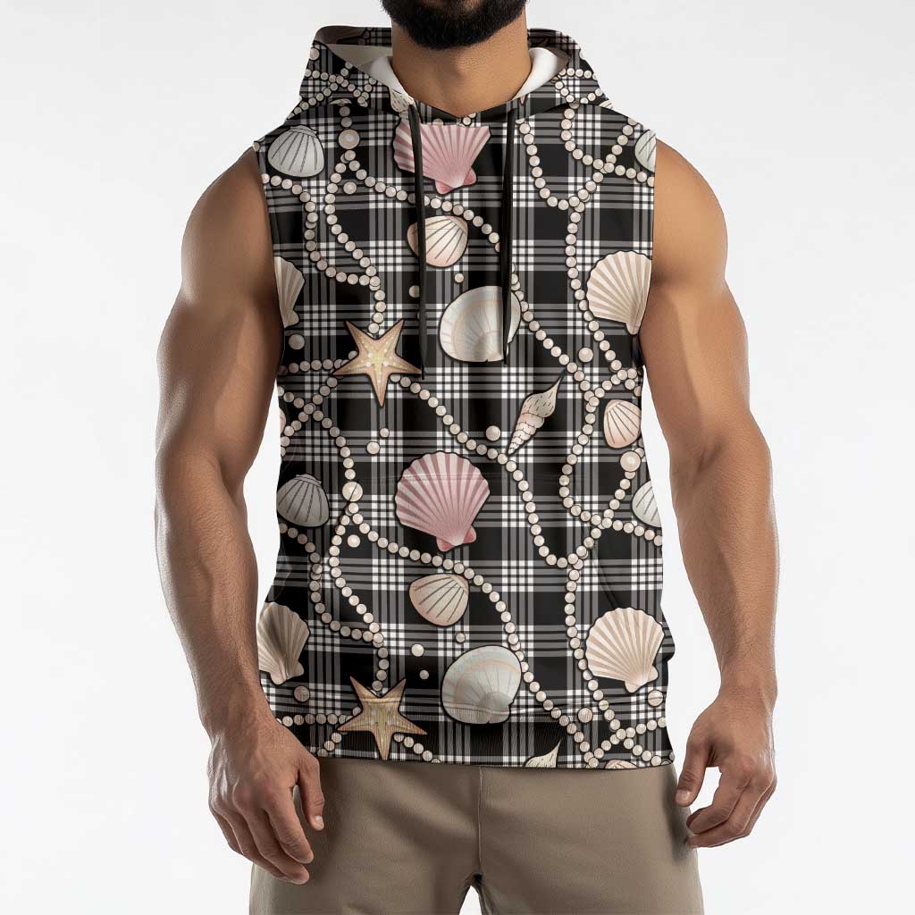 Hawaiian Ocean Seashells Sleeveless Hoodie Black Palaka Pattern