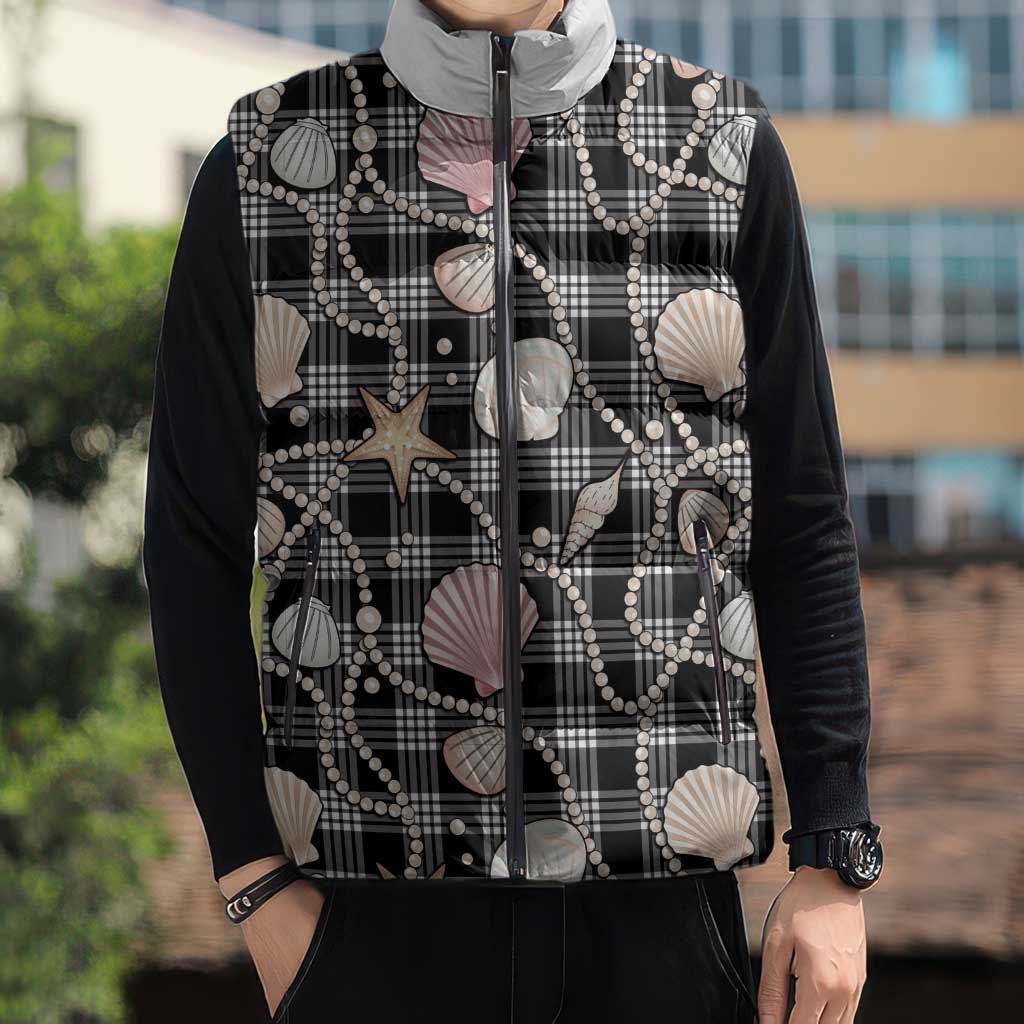 Hawaiian Ocean Seashells Sleeveless Puffer Jacket Black Palaka Pattern