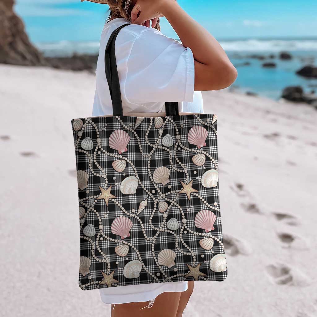 Hawaiian Ocean Seashells Tote Bag Black Palaka Pattern