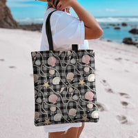 Hawaiian Ocean Seashells Tote Bag Black Palaka Pattern