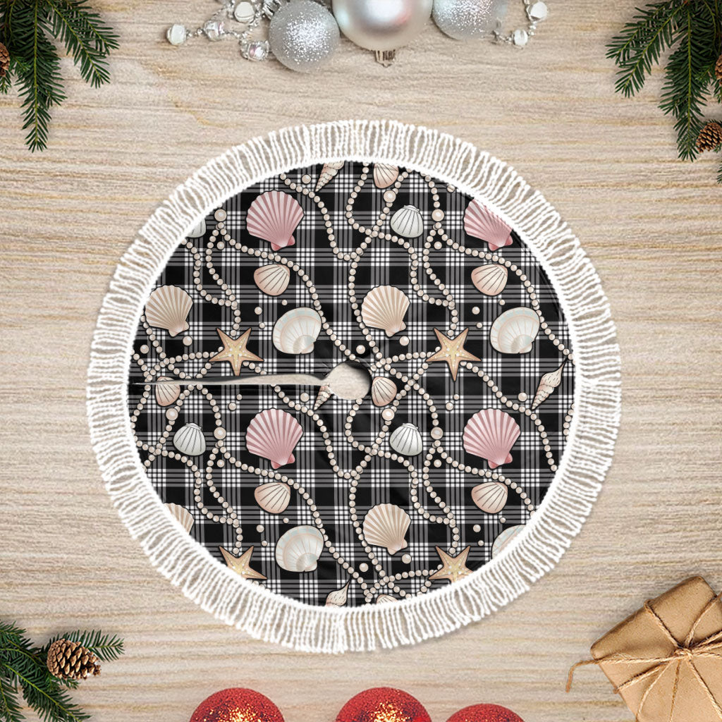 Hawaiian Ocean Seashells Tree Skirt Black Palaka Pattern LT01 Fringed Black - Polynesian Pride