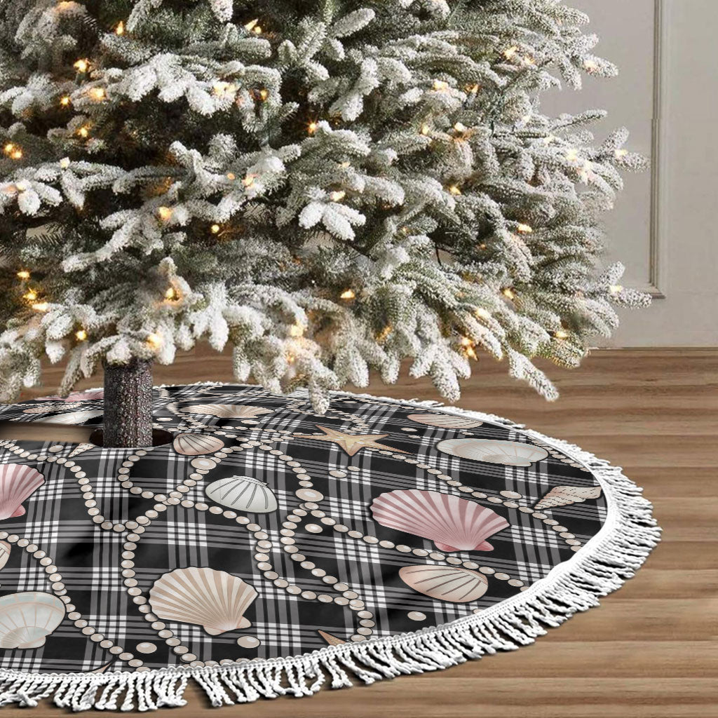 Hawaiian Ocean Seashells Tree Skirt Black Palaka Pattern LT01 - Polynesian Pride