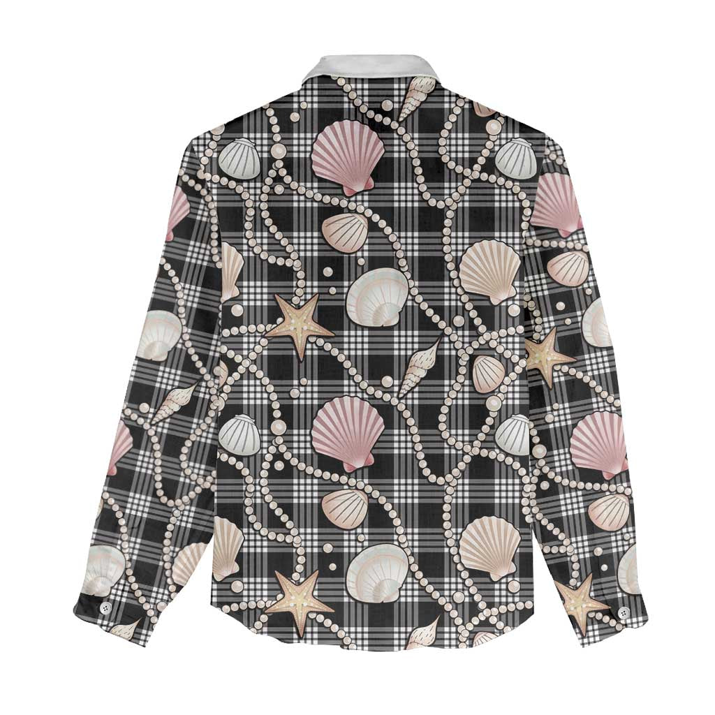 Hawaiian Ocean Seashells Women Casual Shirt Black Palaka Pattern