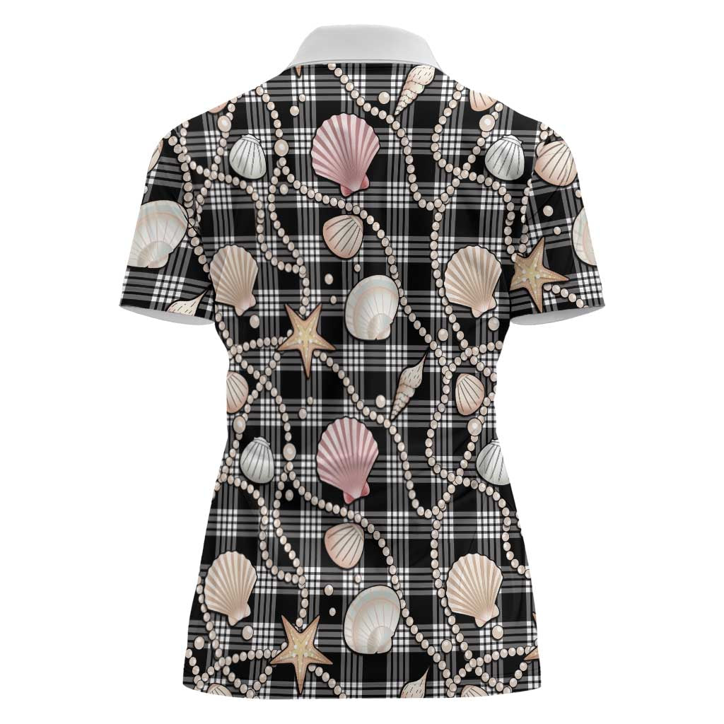 Hawaiian Ocean Seashells Women Polo Shirt Black Palaka Pattern