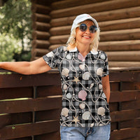 Hawaiian Ocean Seashells Women Polo Shirt Black Palaka Pattern
