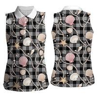 Hawaiian Ocean Seashells Women Sleeveless Polo Shirt Black Palaka Pattern