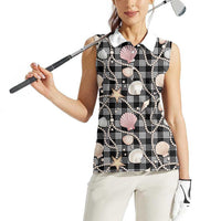 Hawaiian Ocean Seashells Women Sleeveless Polo Shirt Black Palaka Pattern