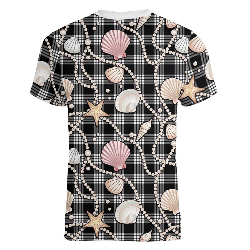 Hawaiian Ocean Seashells Women V-Neck T-Shirt Black Palaka Pattern