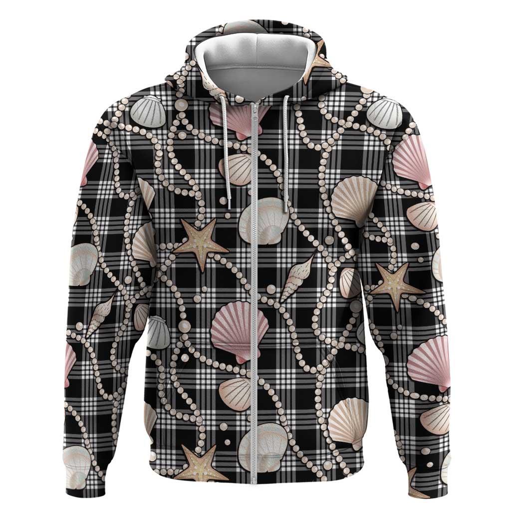 Hawaiian Ocean Seashells Zip Hoodie Black Palaka Pattern