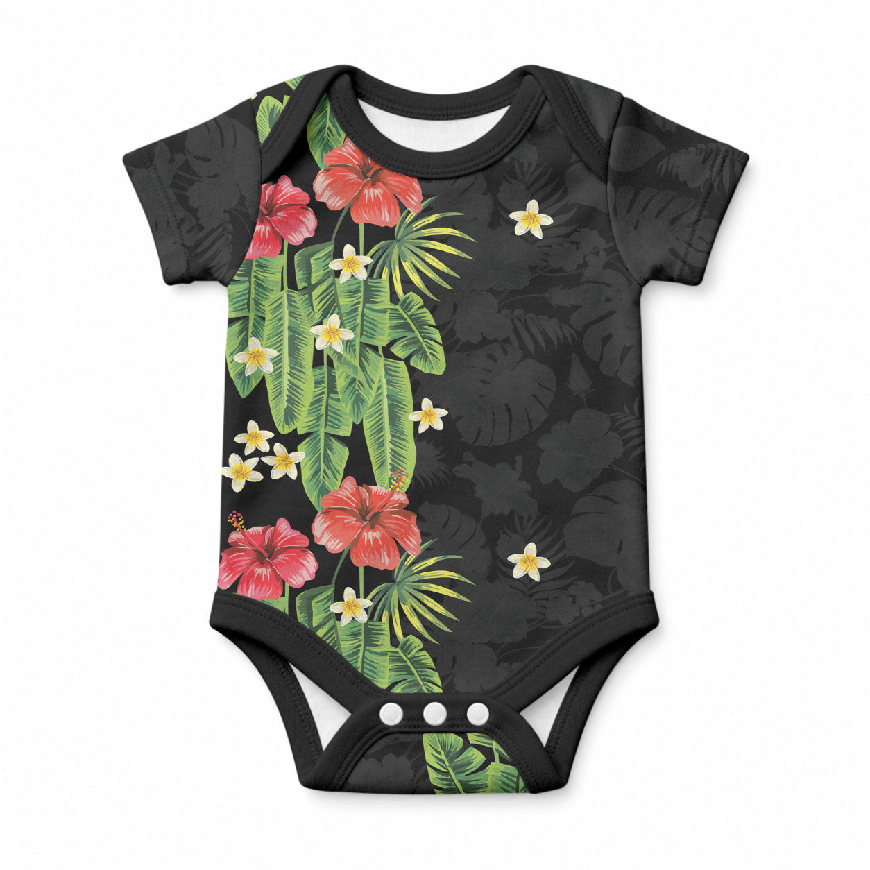 Hawaiian Hibiscus Plumeria Baby Onesie Tropical Leaves LT01 Black - Polynesian Pride
