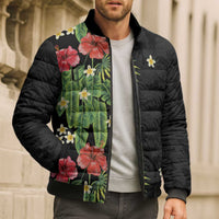 Hawaiian Hibiscus Plumeria Bomber Puffer Jacket Tropical Leaves