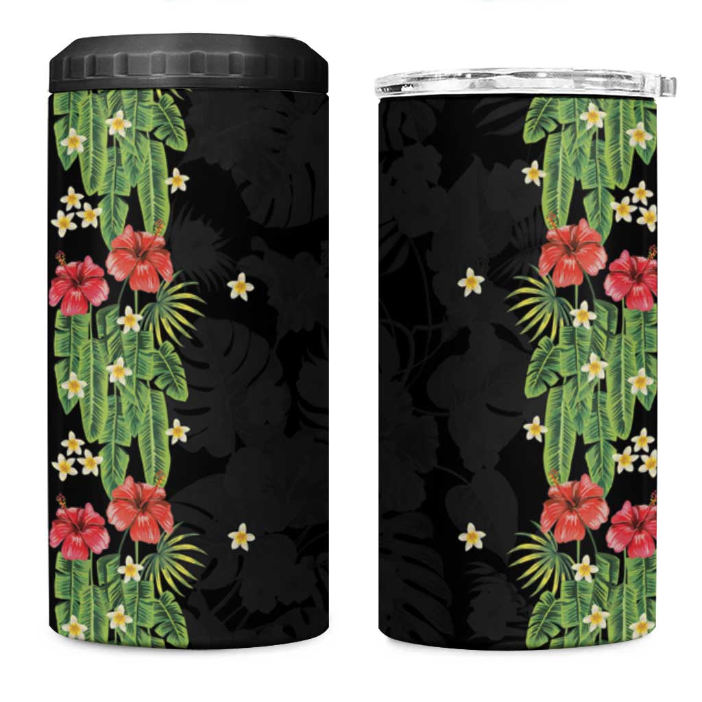 Hawaiian Hibiscus Plumeria 4 in 1 Can Cooler Tumbler Tropical Leaves
