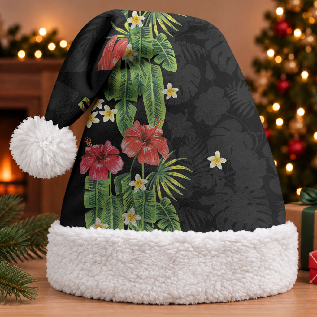 Hawaiian Hibiscus Plumeria Christmas Santa Hat Tropical Leaves LT01 With Fur Black - Polynesian Pride