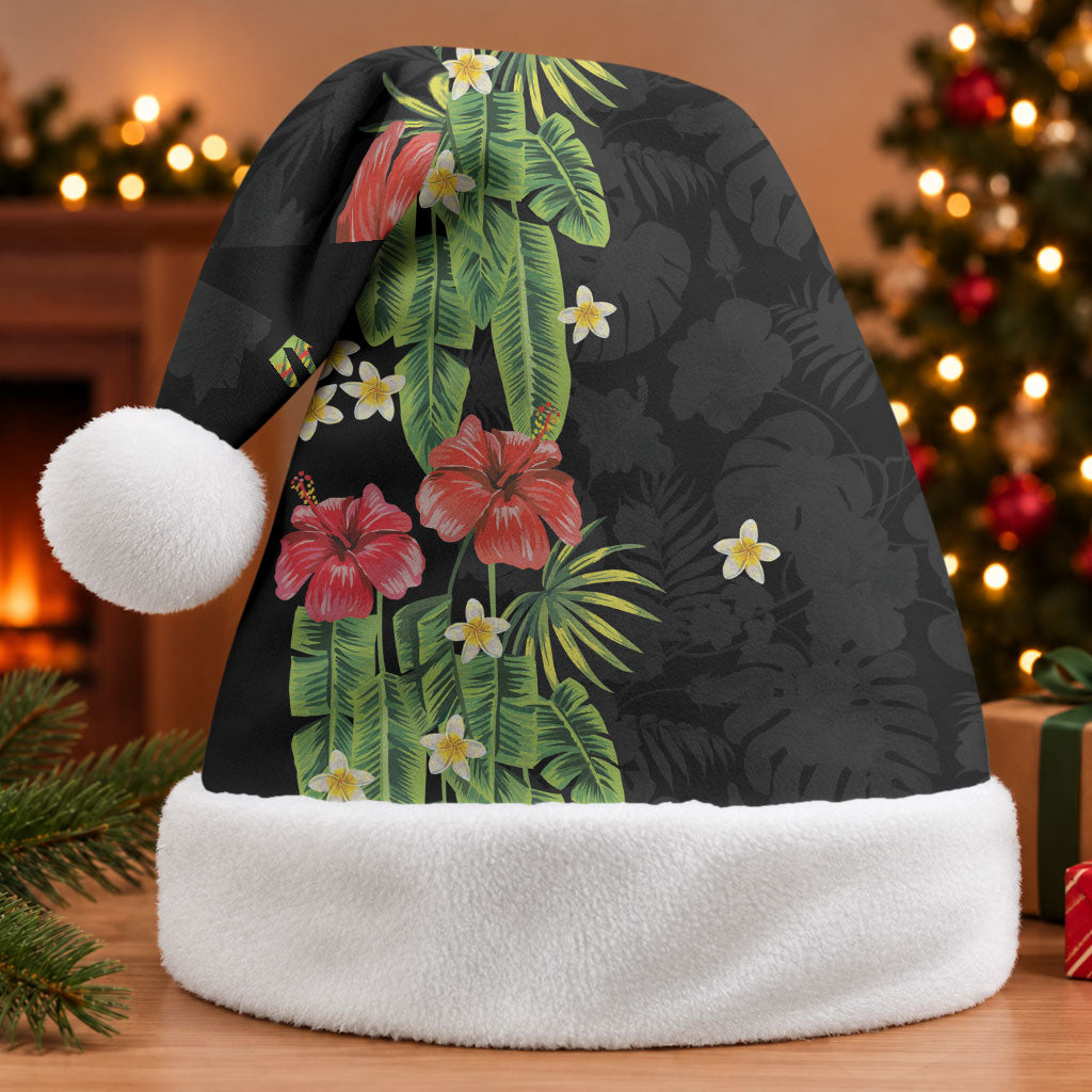 Hawaiian Hibiscus Plumeria Christmas Santa Hat Tropical Leaves LT01 Without Fur Black - Polynesian Pride