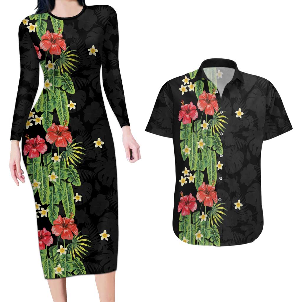 Hawaiian Hibiscus Plumeria Couples Matching Long Sleeve Bodycon Dress and Hawaiian Shirt Tropical Leaves LT01 Black - Polynesian Pride