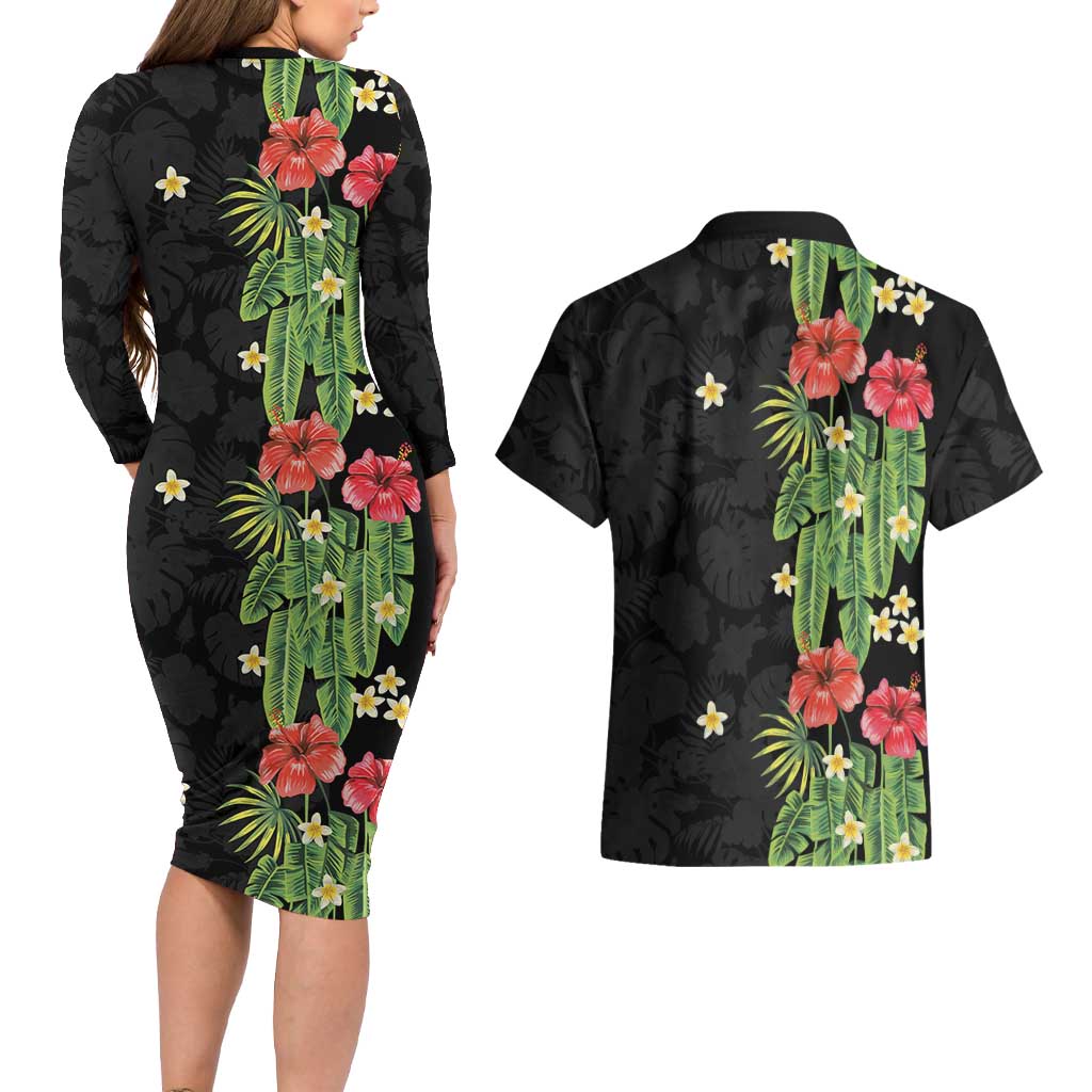 Hawaiian Hibiscus Plumeria Couples Matching Long Sleeve Bodycon Dress and Hawaiian Shirt Tropical Leaves LT01 - Polynesian Pride