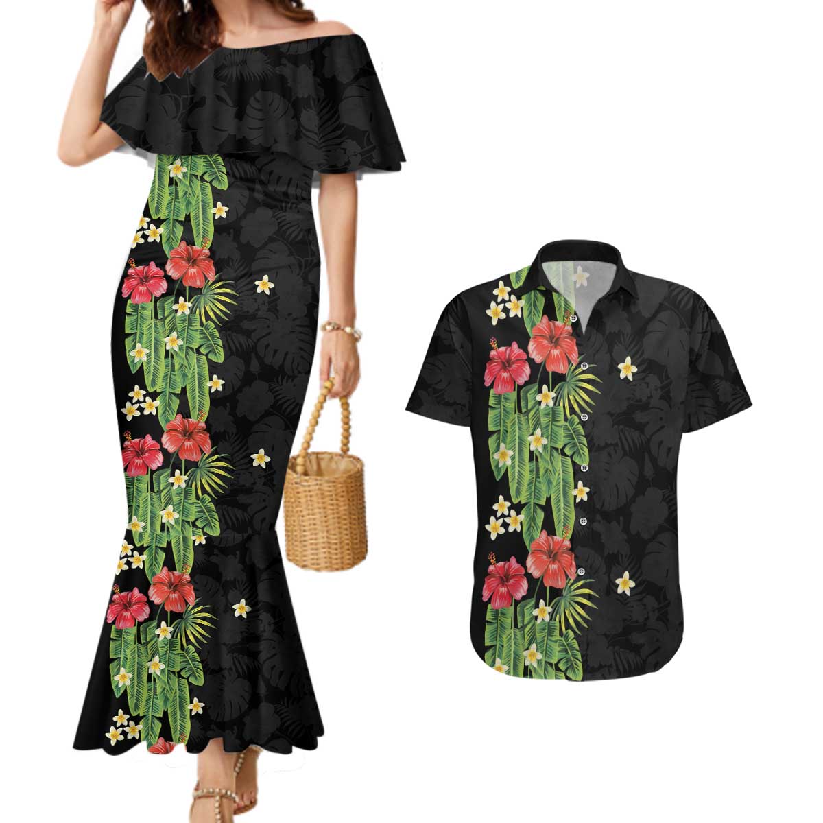 Hawaiian Hibiscus Plumeria Couples Matching Mermaid Dress and Hawaiian Shirt Tropical Leaves LT01 Black - Polynesian Pride