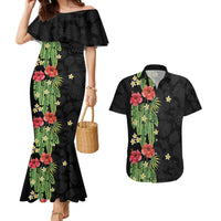 Hawaiian Hibiscus Plumeria Couples Matching Mermaid Dress and Hawaiian Shirt Tropical Leaves LT01 Black - Polynesian Pride