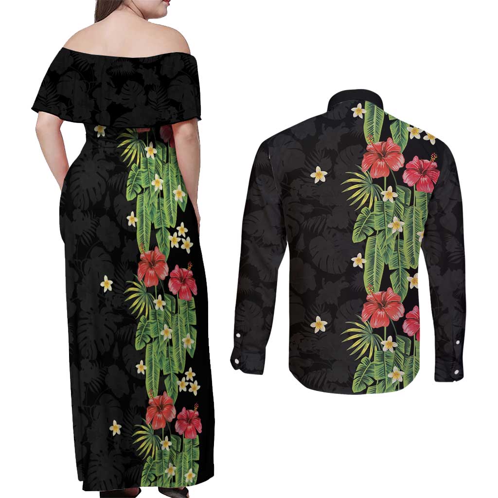Hawaiian Hibiscus Plumeria Couples Matching Off Shoulder Maxi Dress and Long Sleeve Button Shirt Tropical Leaves