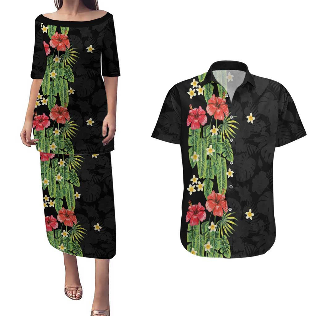 Hawaiian Hibiscus Plumeria Couples Matching Puletasi and Hawaiian Shirt Tropical Leaves