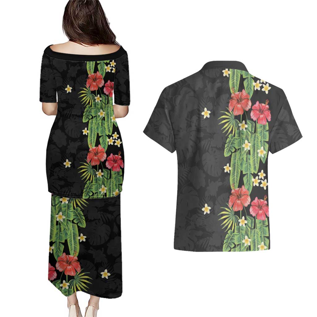 Hawaiian Hibiscus Plumeria Couples Matching Puletasi and Hawaiian Shirt Tropical Leaves