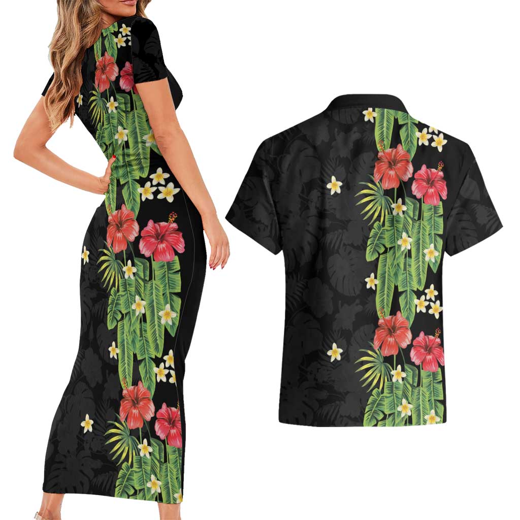 Hawaiian Hibiscus Plumeria Couples Matching Short Sleeve Bodycon Dress and Hawaiian Shirt Tropical Leaves LT01 - Polynesian Pride