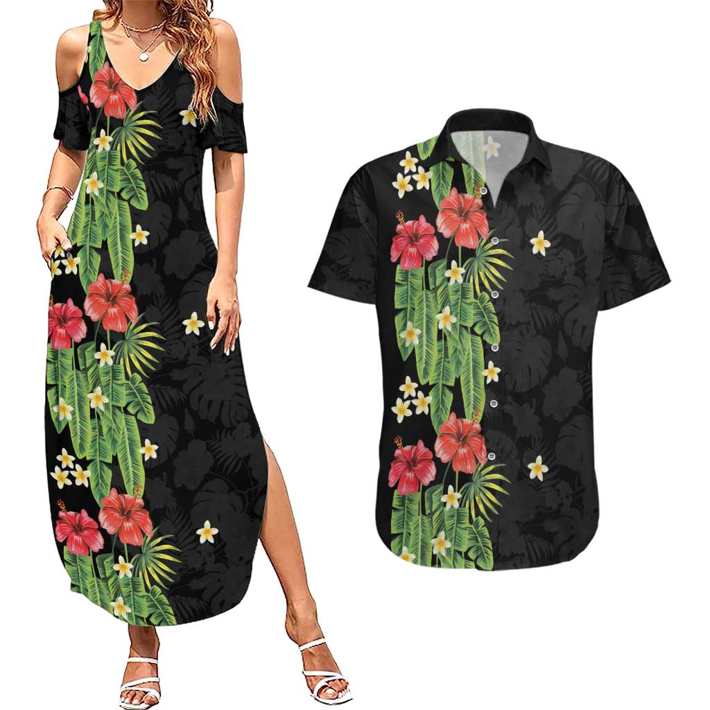 Hawaiian Hibiscus Plumeria Couples Matching Summer Maxi Dress and Hawaiian Shirt Tropical Leaves