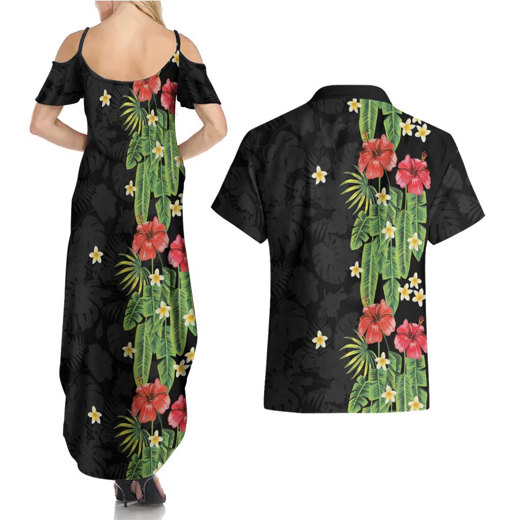 Hawaiian Hibiscus Plumeria Couples Matching Summer Maxi Dress and Hawaiian Shirt Tropical Leaves
