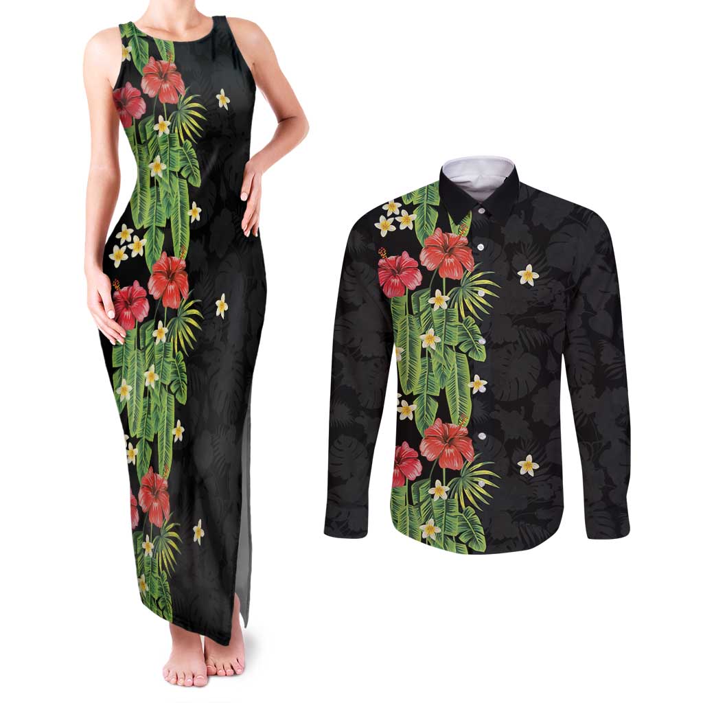 Hawaiian Hibiscus Plumeria Couples Matching Tank Maxi Dress and Long Sleeve Button Shirt Tropical Leaves