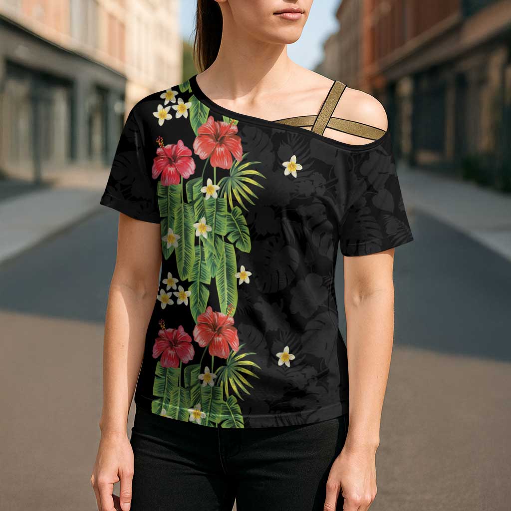 Hawaiian Hibiscus Plumeria Cross Shoulder Shirt Tropical Leaves