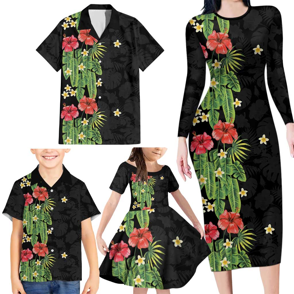 Hawaiian Hibiscus Plumeria Family Matching Long Sleeve Bodycon Dress and Hawaiian Shirt Tropical Leaves