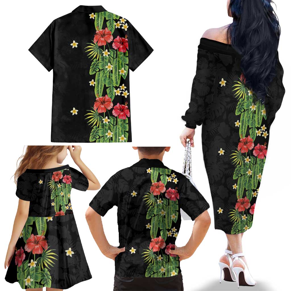 Hawaiian Hibiscus Plumeria Family Matching Off The Shoulder Long Sleeve Dress and Hawaiian Shirt Tropical Leaves LT01 - Polynesian Pride