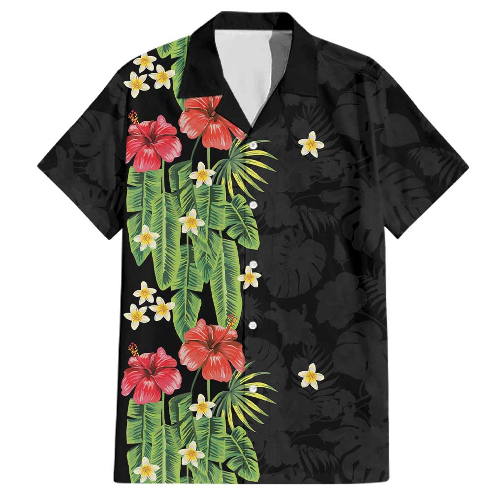 Hawaiian Hibiscus Plumeria Family Matching Off The Shoulder Long Sleeve Dress and Hawaiian Shirt Tropical Leaves LT01 Dad's Shirt - Short Sleeve Black - Polynesian Pride