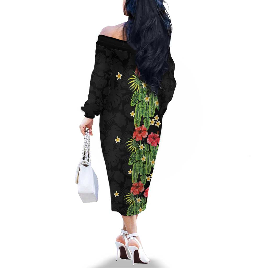 Hawaiian Hibiscus Plumeria Family Matching Off The Shoulder Long Sleeve Dress and Hawaiian Shirt Tropical Leaves LT01 - Polynesian Pride