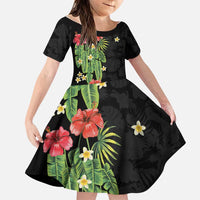 Hawaiian Hibiscus Plumeria Family Matching Off Shoulder Maxi Dress and Hawaiian Shirt Tropical Leaves LT01 Daughter's Dress Black - Polynesian Pride