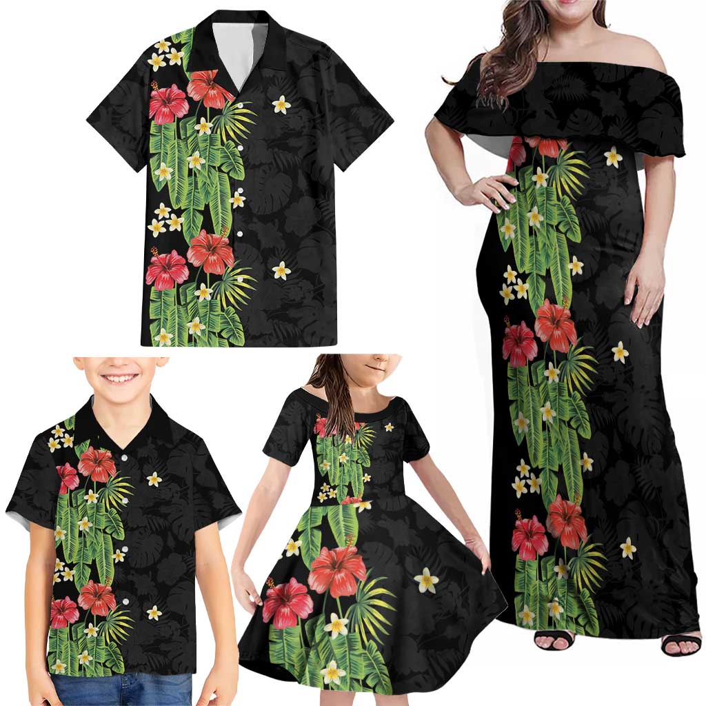 Hawaiian Hibiscus Plumeria Family Matching Off Shoulder Maxi Dress and Hawaiian Shirt Tropical Leaves LT01 - Polynesian Pride