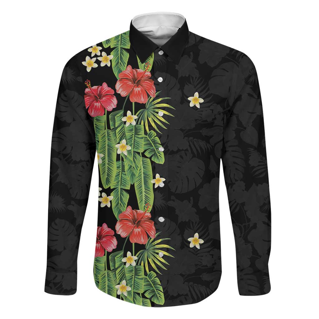 Hawaiian Hibiscus Plumeria Family Matching Summer Maxi Dress and Hawaiian Shirt Tropical Leaves LT01 Dad's Shirt - Long Sleeve Black - Polynesian Pride