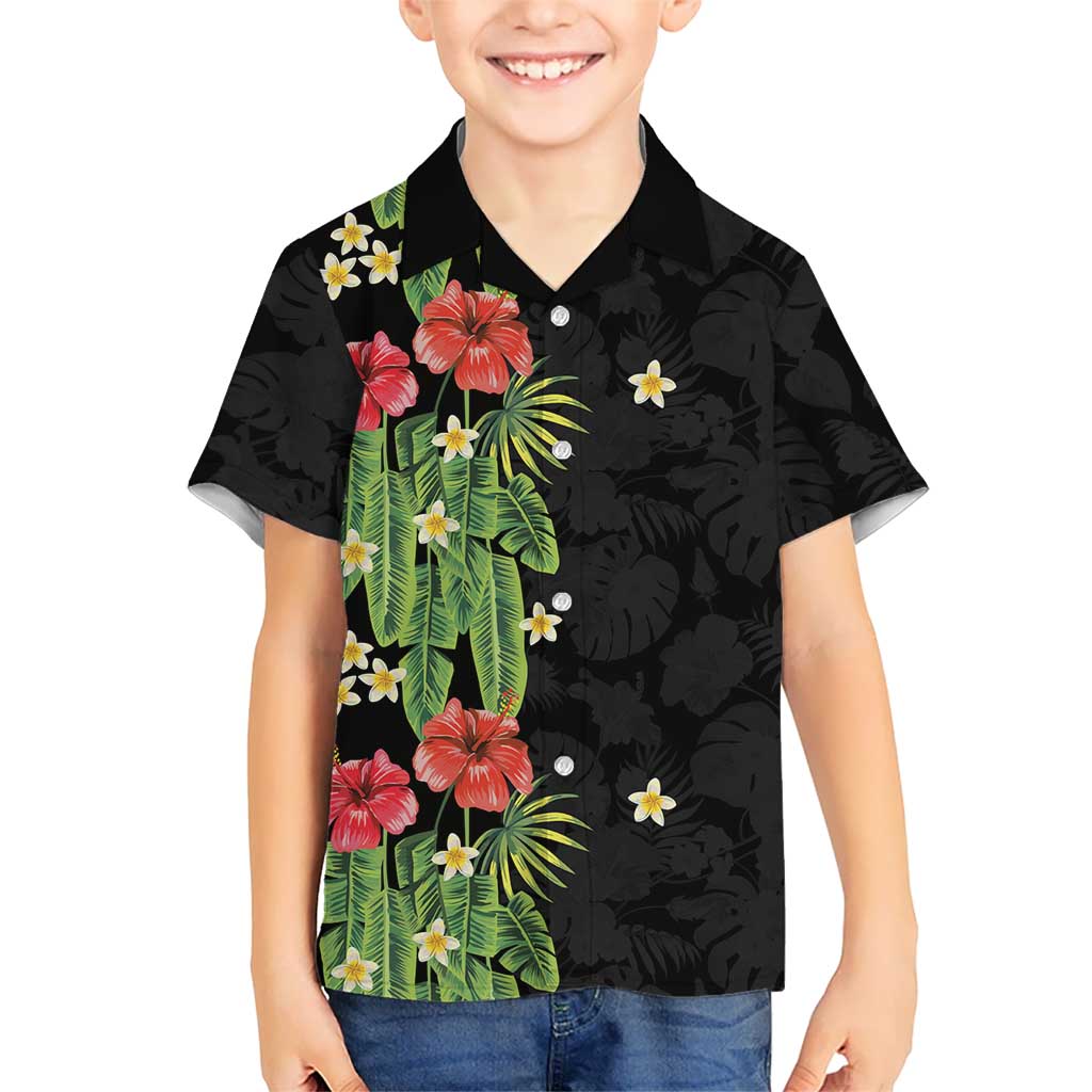 Hawaiian Hibiscus Plumeria Family Matching Tank Maxi Dress and Hawaiian Shirt Tropical Leaves LT01 Son's Shirt Black - Polynesian Pride