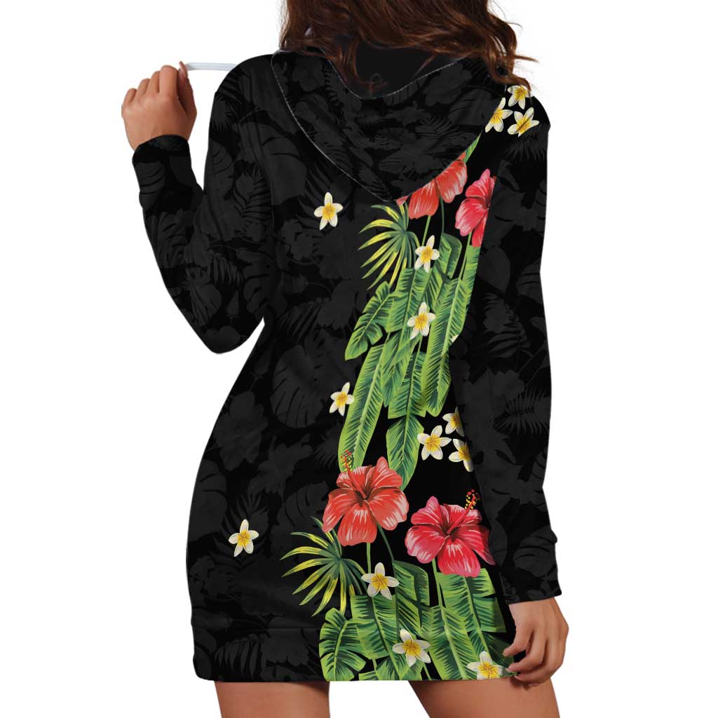 Hawaiian Hibiscus Plumeria Hoodie Dress Tropical Leaves