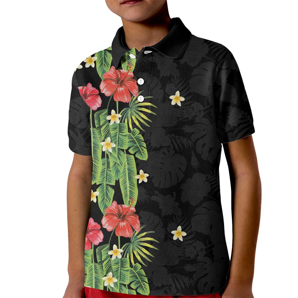 Hawaiian Hibiscus Plumeria Kid Polo Shirt Tropical Leaves