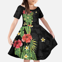 Hawaiian Hibiscus Plumeria Kid Short Sleeve Dress Tropical Leaves